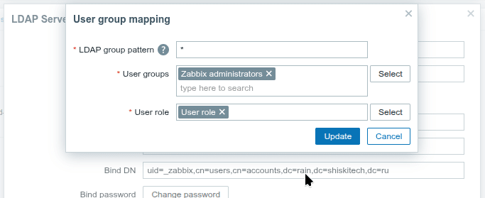 Соотношение групп LDAP - Zabbix