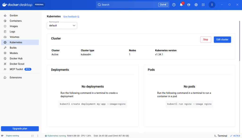 Создайте кластер на одноименной вкладке GUI Docker Desktop